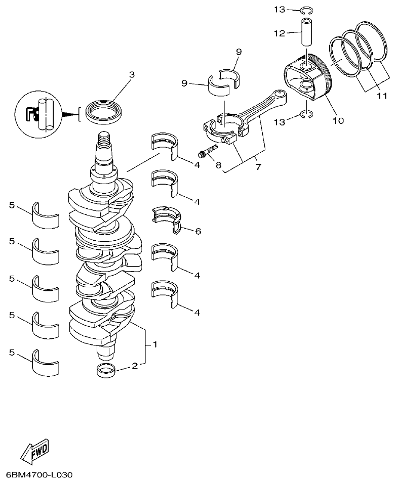 Yamaha F150FET, FL150FET CRANKSHAFT & PISTON parts diagram